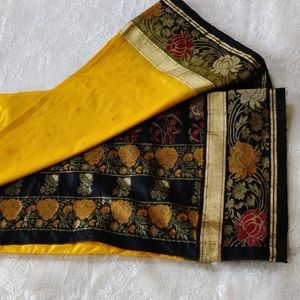Yellow black silk saree